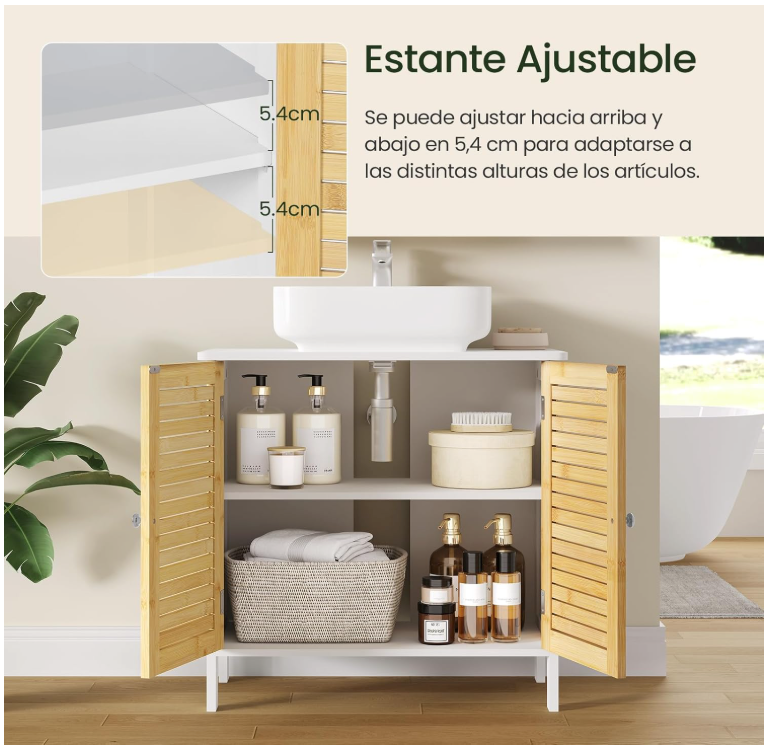 EUGAD Meuble de toilette Naples - Avec découpe pour siphon, étagère réglable et portes à lamelles magnétiques - Pour salle de bain et toilettes - Bois et bambou revêtus de blanc - 60 x 30 x 60 cm
