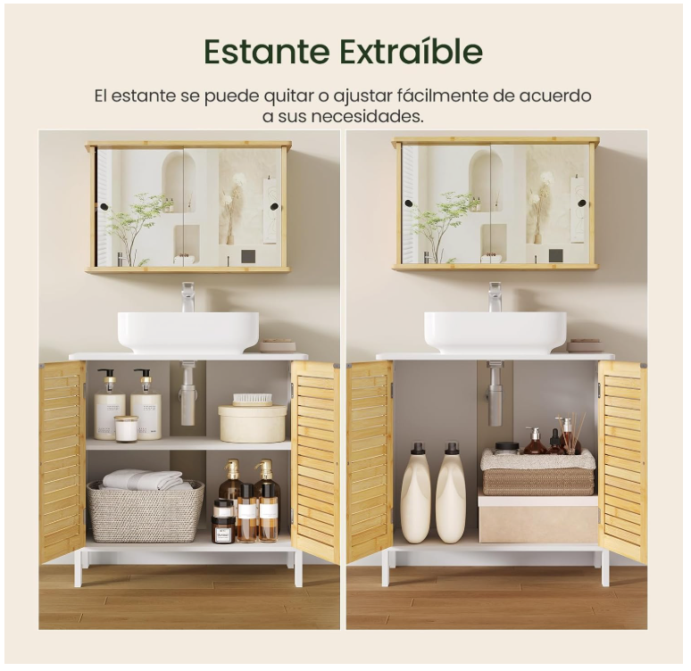 EUGAD Meuble de toilette Naples - Avec découpe pour siphon, étagère réglable et portes à lamelles magnétiques - Pour salle de bain et toilettes - Bois et bambou revêtus de blanc - 60 x 30 x 60 cm