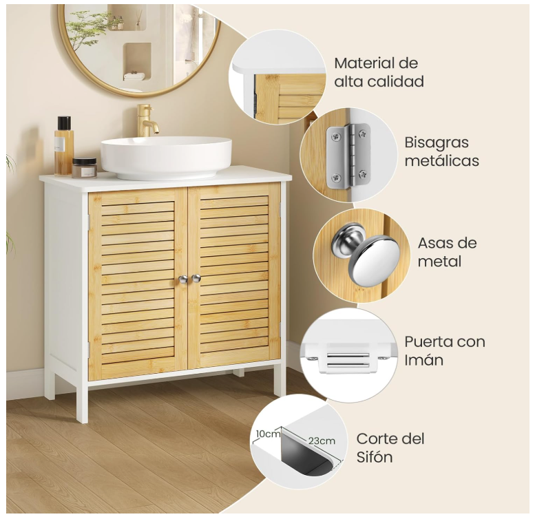 EUGAD Meuble de toilette Naples - Avec découpe pour siphon, étagère réglable et portes à lamelles magnétiques - Pour salle de bain et toilettes - Bois et bambou revêtus de blanc - 60 x 30 x 60 cm