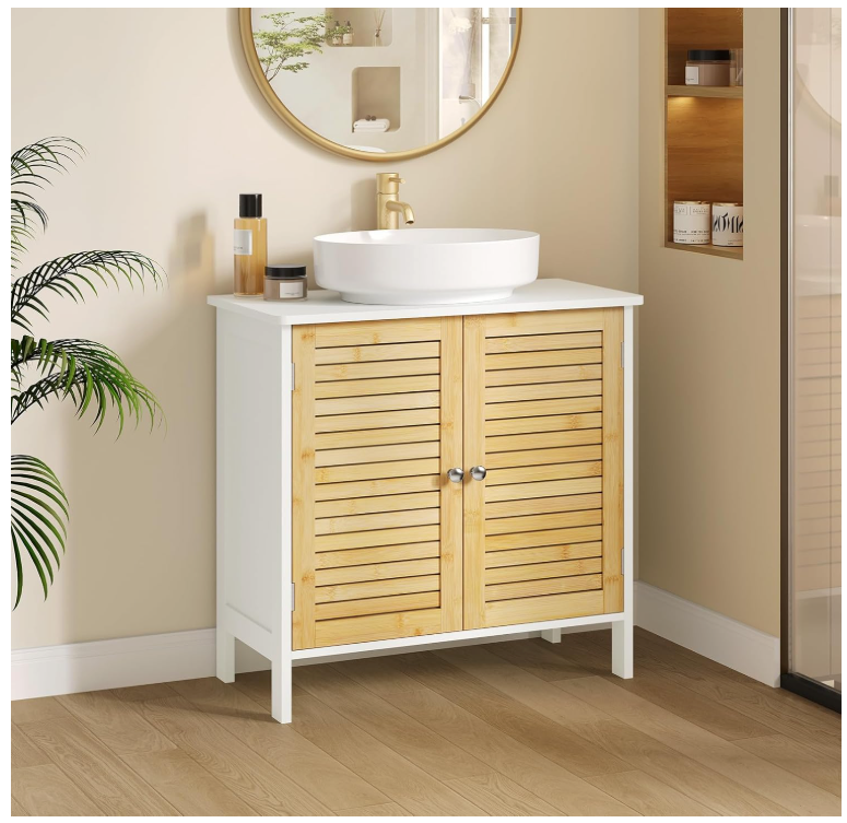 EUGAD Meuble de toilette Naples - Avec découpe pour siphon, étagère réglable et portes à lamelles magnétiques - Pour salle de bain et toilettes - Bois et bambou revêtus de blanc - 60 x 30 x 60 cm