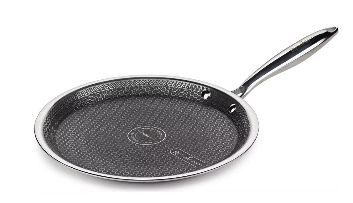 Rosmarino HexaPRO Poêle à crêpes - Structure hexagonale au laser, poignée Stay-Cool et cadre résistant au four - Pour induction et gaz - Acier inoxydable argenté et aluminium - 28 cm