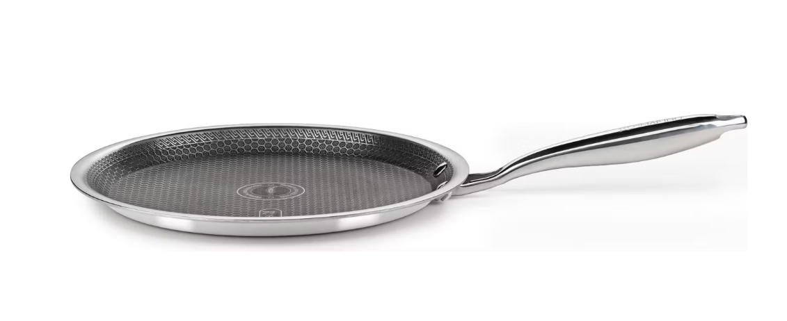 Rosmarino HexaPRO Poêle à crêpes - Structure hexagonale au laser, poignée Stay-Cool et cadre résistant au four - Pour induction et gaz - Acier inoxydable argenté et aluminium - 28 cm