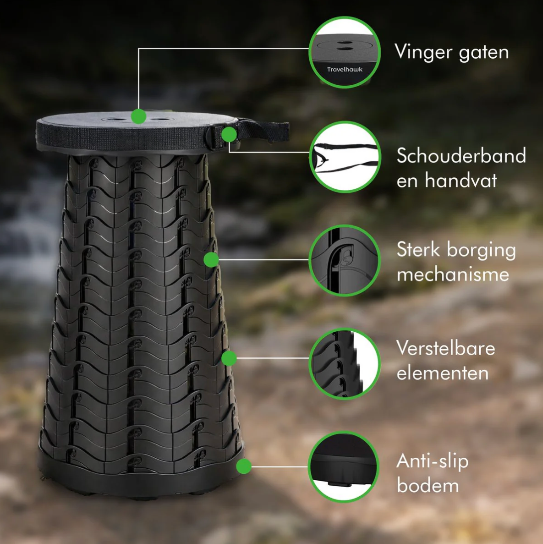 Tabouret pliable Travelhawk - équipé d'un siège en polyester résistant et d'un cadre en aluminium et pliable - pour le camping et la pêche - polyester noir et aluminium - cent cinquante kg