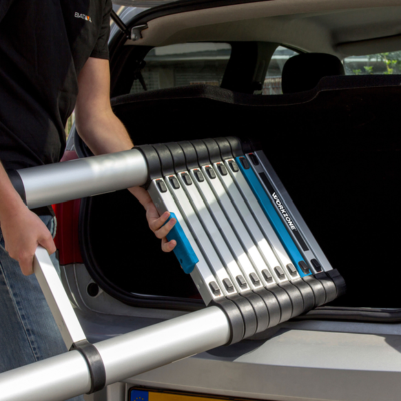 Échelle télescopique Workzone - 3,27 mètres extensible - Technologie Soft-Close - Charge utile max. 150 kg de charge utile - Certifiée EN131 - Argent