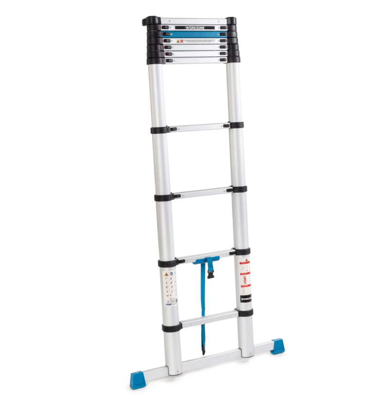 Échelle télescopique Workzone - 3,27 mètres extensible - Technologie Soft-Close - Charge utile max. 150 kg de charge utile - Certifiée EN131 - Argent