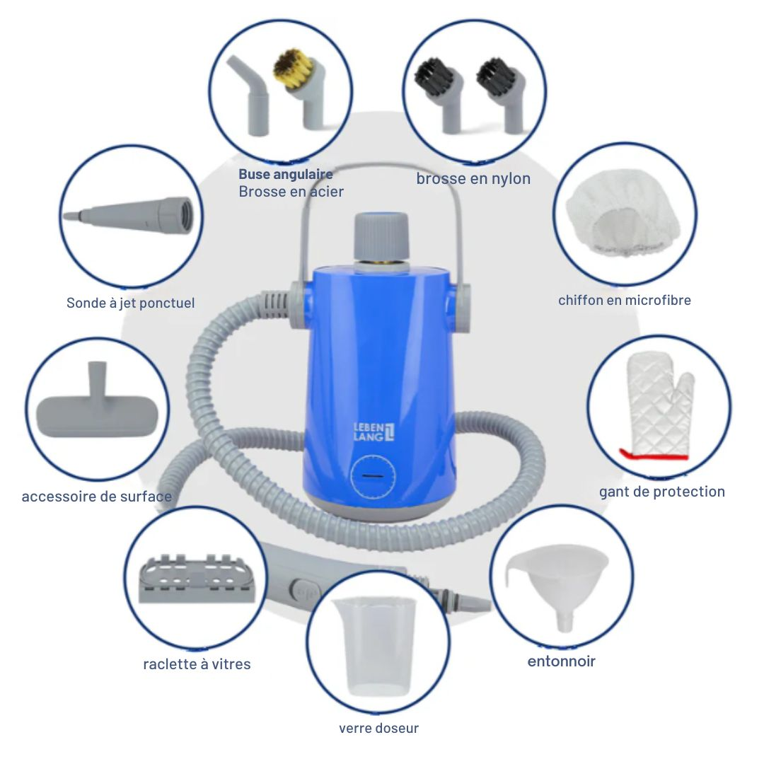Nettoyeur vapeur électrique LEBENLANG - portatif - 1000W & 300ml + 10x Accessoires - bleu/gris