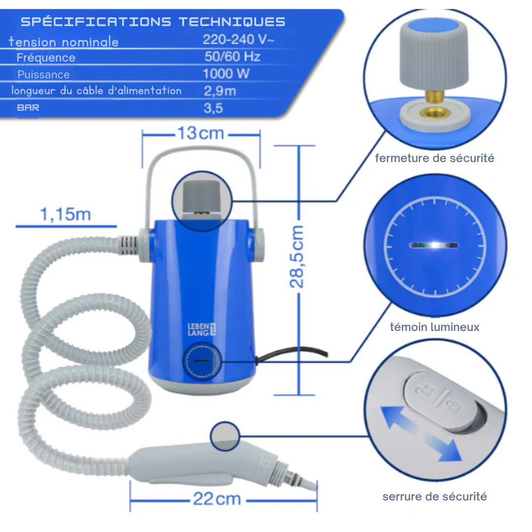 Nettoyeur vapeur électrique LEBENLANG - portatif - 1000W & 300ml + 10x Accessoires - bleu/gris
