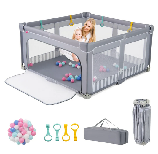 Coast Large Baby Box pliable 150x150 cm Grey - Barrière de jeu sécurisée avec fermeture éclair, 50 boules de mer et 4 anneaux de levage