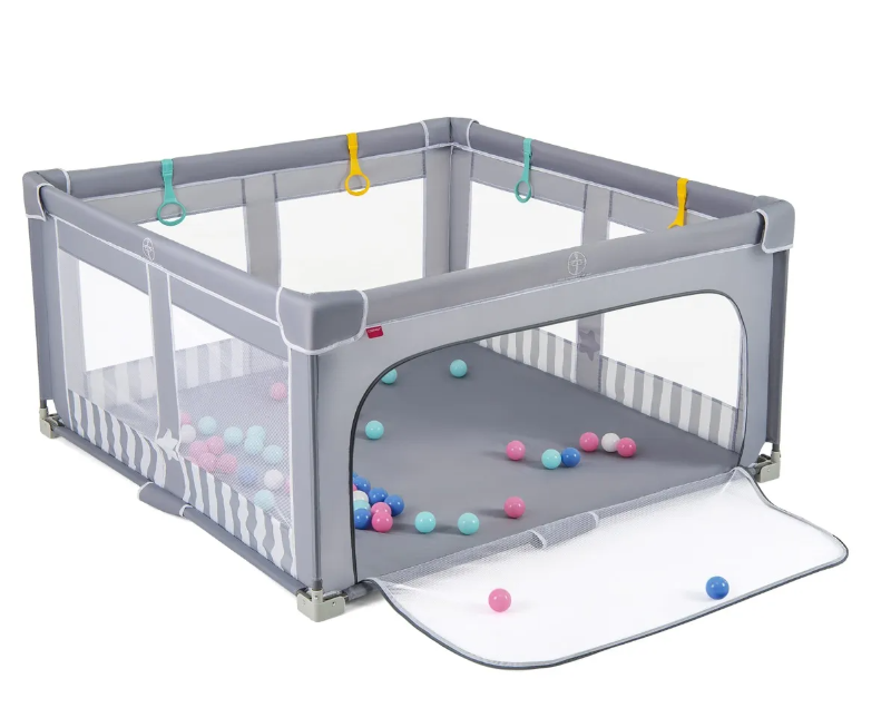 Coast Large Baby Box pliable 150x150 cm Grey - Barrière de jeu sécurisée avec fermeture éclair, 50 boules de mer et 4 anneaux de levage