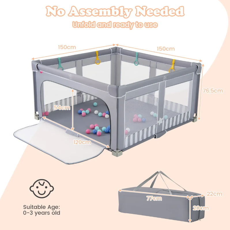 Coast Large Baby Box pliable 150x150 cm Grey - Barrière de jeu sécurisée avec fermeture éclair, 50 boules de mer et 4 anneaux de levage