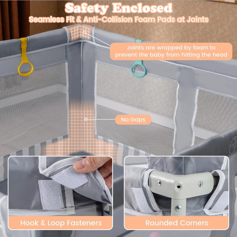 Coast Large Baby Box pliable 150x150 cm Grey - Barrière de jeu sécurisée avec fermeture éclair, 50 boules de mer et 4 anneaux de levage