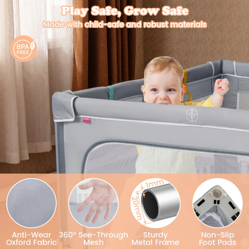 Coast Large Baby Box pliable 150x150 cm Grey - Barrière de jeu sécurisée avec fermeture éclair, 50 boules de mer et 4 anneaux de levage