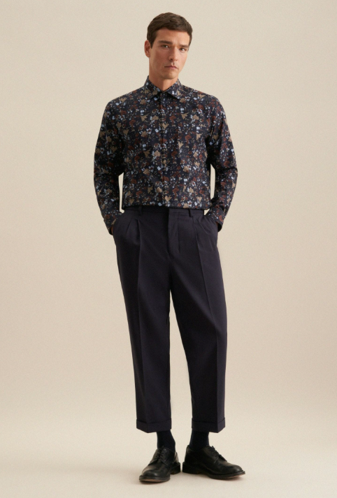 Seidensticker Regular Fit Shirt - 43 - Navy - Printed - Twill - Business Kent Collar