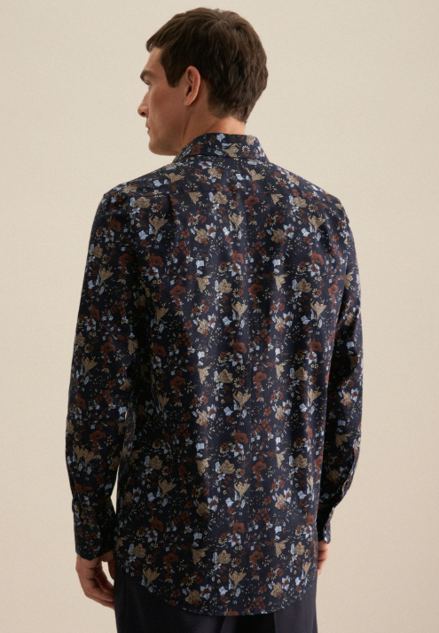 Seidensticker Regular Fit Shirt - 43 - Navy - Printed - Twill - Business Kent Collar