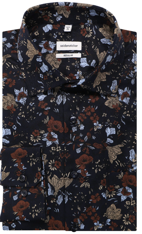 Seidensticker Regular Fit Shirt - Navy Printed - Twill - Business Kent - Taille 45