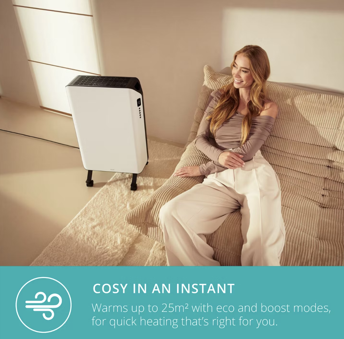 Duux Edge Radiateur à huile 1500 W - Chauffage intelligent avec ventilateur - Blanc - 46 x 32 x 71 cm