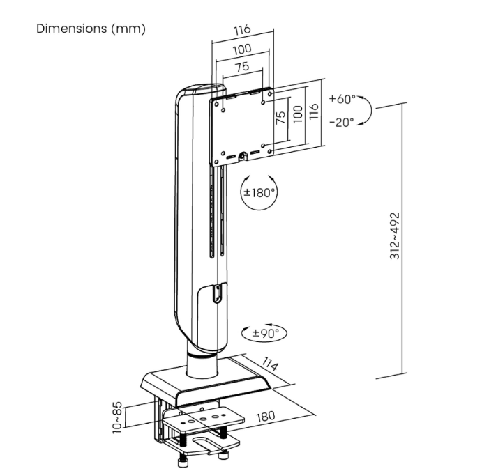 VDD LUMLDT70-C01 Bras pour moniteur - Noir - 71x18x20 cm - Support de moniteur ergonomique à pince