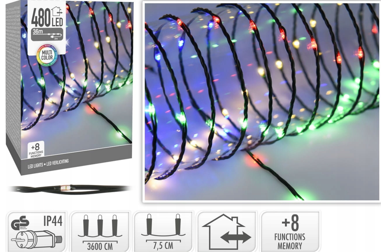 Cheqo® LED Lights 480 LED 36m Multicolore Soft Wire 8 fonctions lumineuses 3m de cordon d'alimentation Intérieur et extérieur