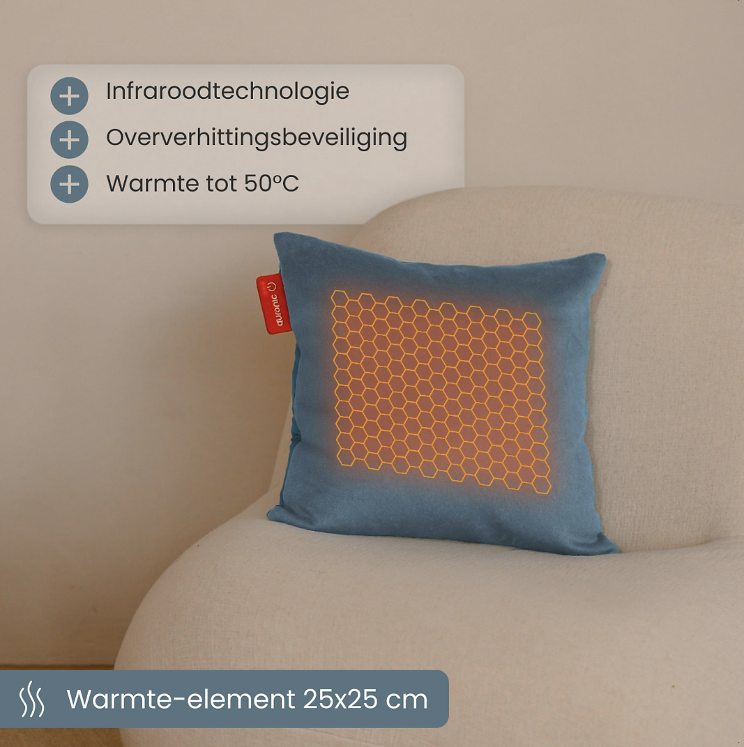 Auronic Oreiller chauffant électrique Classic - Infrarouge - Rechargeable - 45x45 cm - Bleu