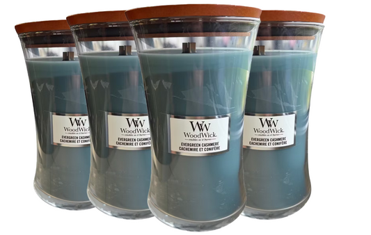 WoodWick Bougies parfumées Evergreen Cashmere Lot de 4 Grandes 17.8 cm x 10.2 cm - Mèche en bois - 130 heures de combustion - Verre évasé