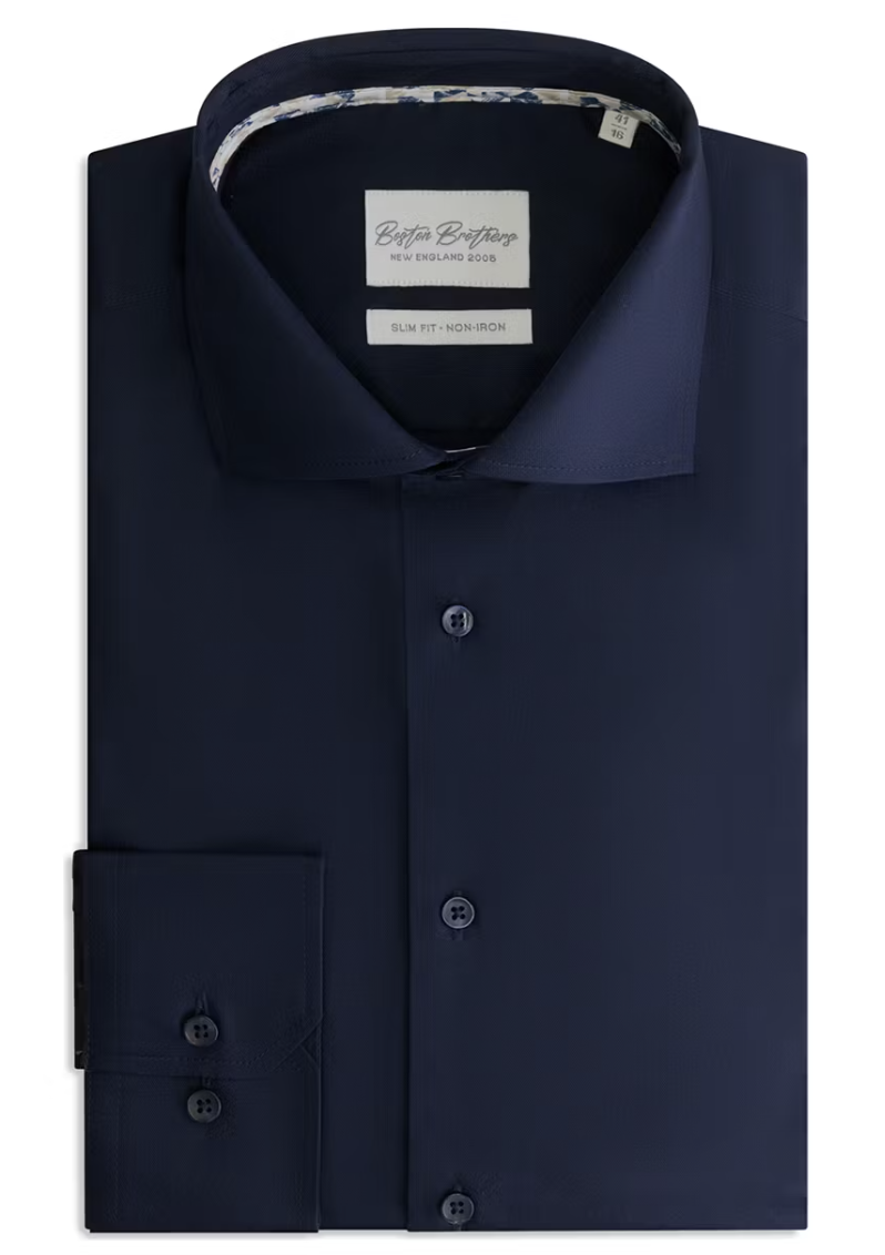 Boston Brothers - Chemise d'affaires à grand écart - Taille 39 et coupe étroite - avec boutons contrastés et finition facile d'entretien - pour usage formel - sergé marine