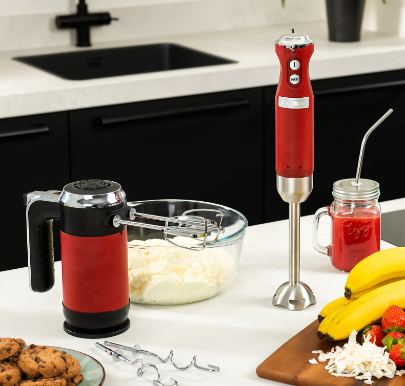 Westinghouse Retro Batteur à main 350W - Rouge - 2 fouets et 2 crochets à pâte - Avec support de rangement