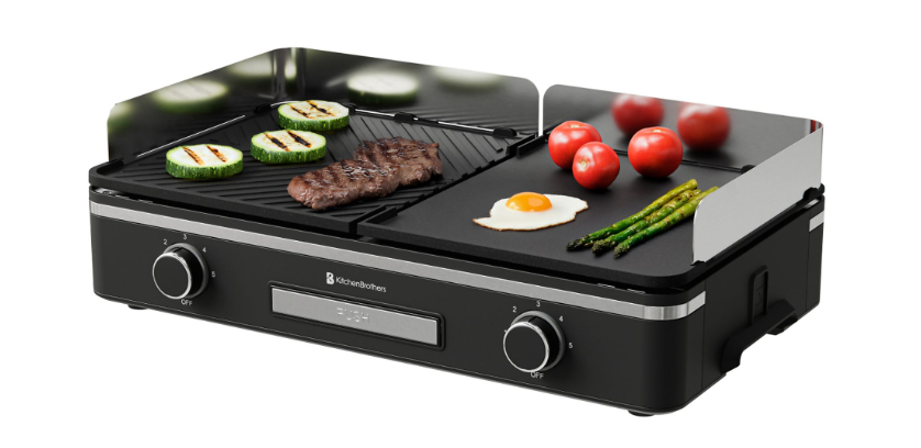 KitchenBrothers Plaque de gril électrique KB4204 - 2400W - 2 zones - striée et plate - noire - 50x30 cm