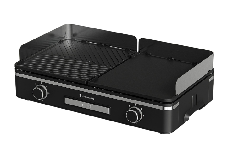 KitchenBrothers Plaque de gril électrique KB4204 - 2400W - 2 zones - striée et plate - noire - 50x30 cm