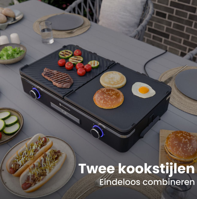 KitchenBrothers Plaque de gril électrique KB4204 - 2400W - 2 zones - striée et plate - noire - 50x30 cm