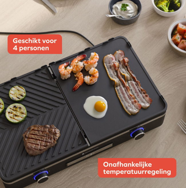 KitchenBrothers Plaque de gril électrique KB4204 - 2400W - 2 zones - striée et plate - noire - 50x30 cm