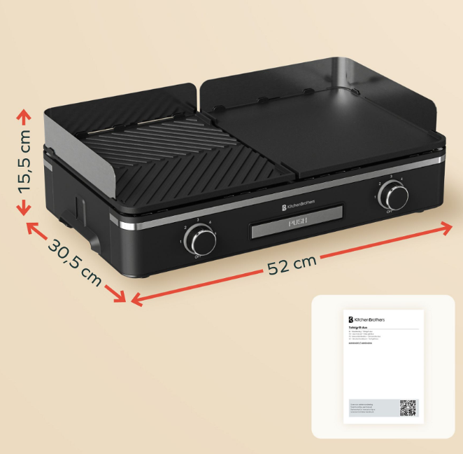 KitchenBrothers Plaque de gril électrique KB4204 - 2400W - 2 zones - striée et plate - noire - 50x30 cm
