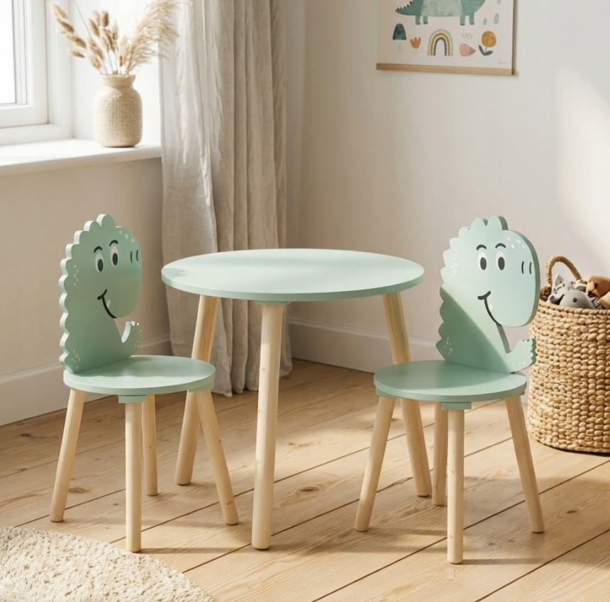 Home Styling Collection - Table enfant avec 2 chaises - imprimé dinosaure - bleu - Set de table enfant en bois - 50 x 50 x 50 cm
