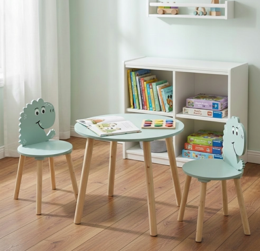 Home Styling Collection - Table enfant avec 2 chaises - imprimé dinosaure - bleu - Set de table enfant en bois - 50 x 50 x 50 cm
