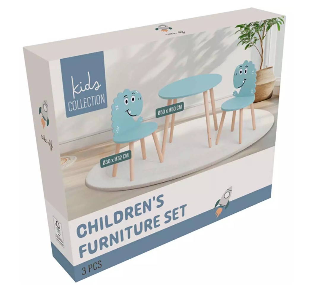 Home Styling Collection - Table enfant avec 2 chaises - imprimé dinosaure - bleu - Set de table enfant en bois - 50 x 50 x 50 cm