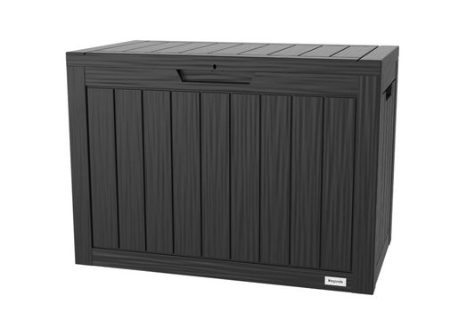 LifeGoods Boîte de rangement XS 170L - Boîte de rangement pour coussins de jardin - étanche - résistant aux intempéries - aspect bois - avec support de serrure - gris
