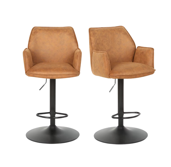 Lot de 2 tabourets de bar Jill - Réglable - Velours/métal - 51x53x96-116 cm - Cognac