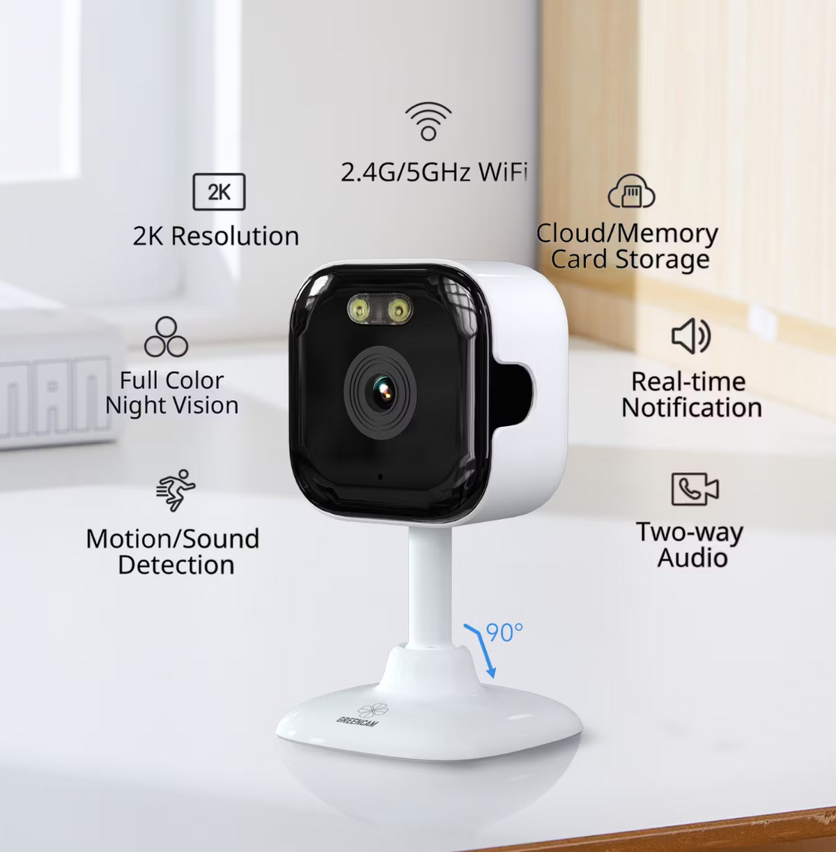 Greencam K10 Caméra de sécurité 2K | Vision nocturne couleur | Détection de mouvement | Wi-Fi