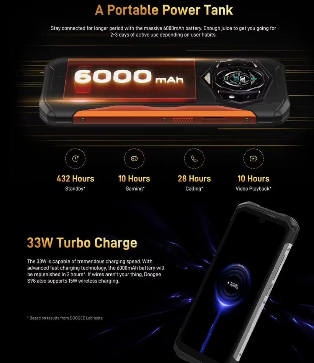Doogee S98 Smartphone pour l'extérieur | 8 GB RAM | 256 GB Storage | caméra de vision nocturne | 6000 mAh