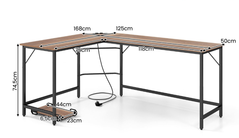 Coast Corner Desk en forme de L - 168 x 125 cm - couleur naturelle - avec prises de courant et USB - cadre métallique solide