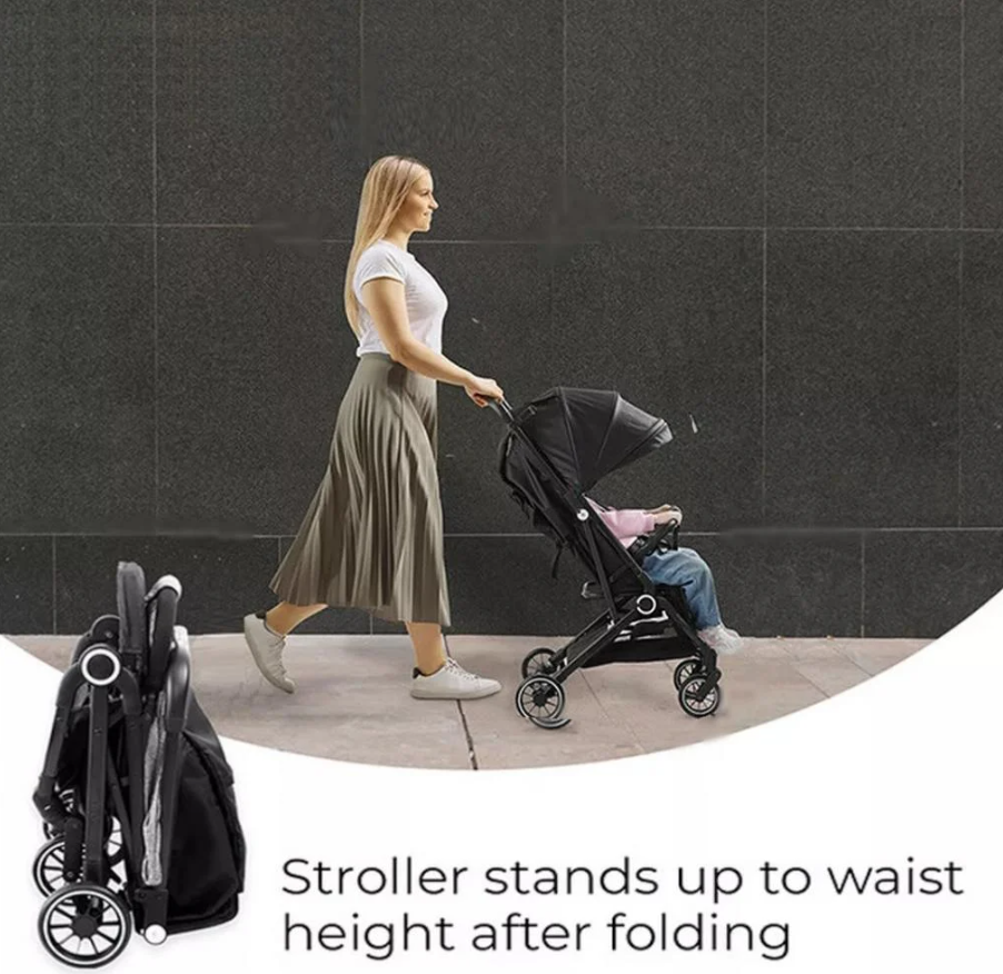 Poussette - Pliable d'une seule main - De la naissance à 15 kg - Grand pare-soleil - Noir
