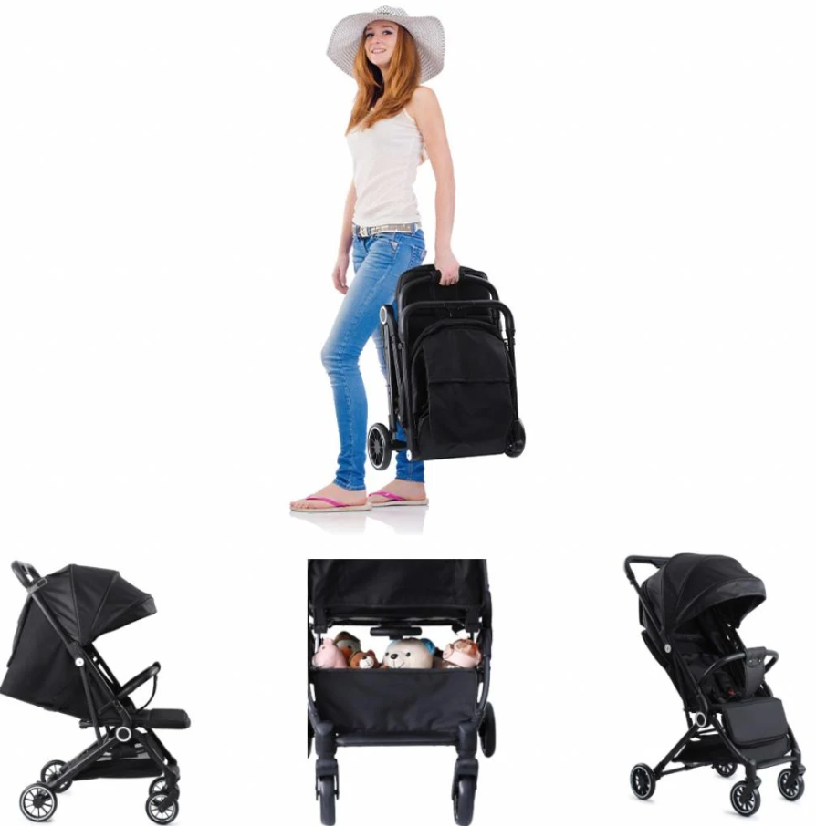 Poussette - Pliable d'une seule main - De la naissance à 15 kg - Grand pare-soleil - Noir
