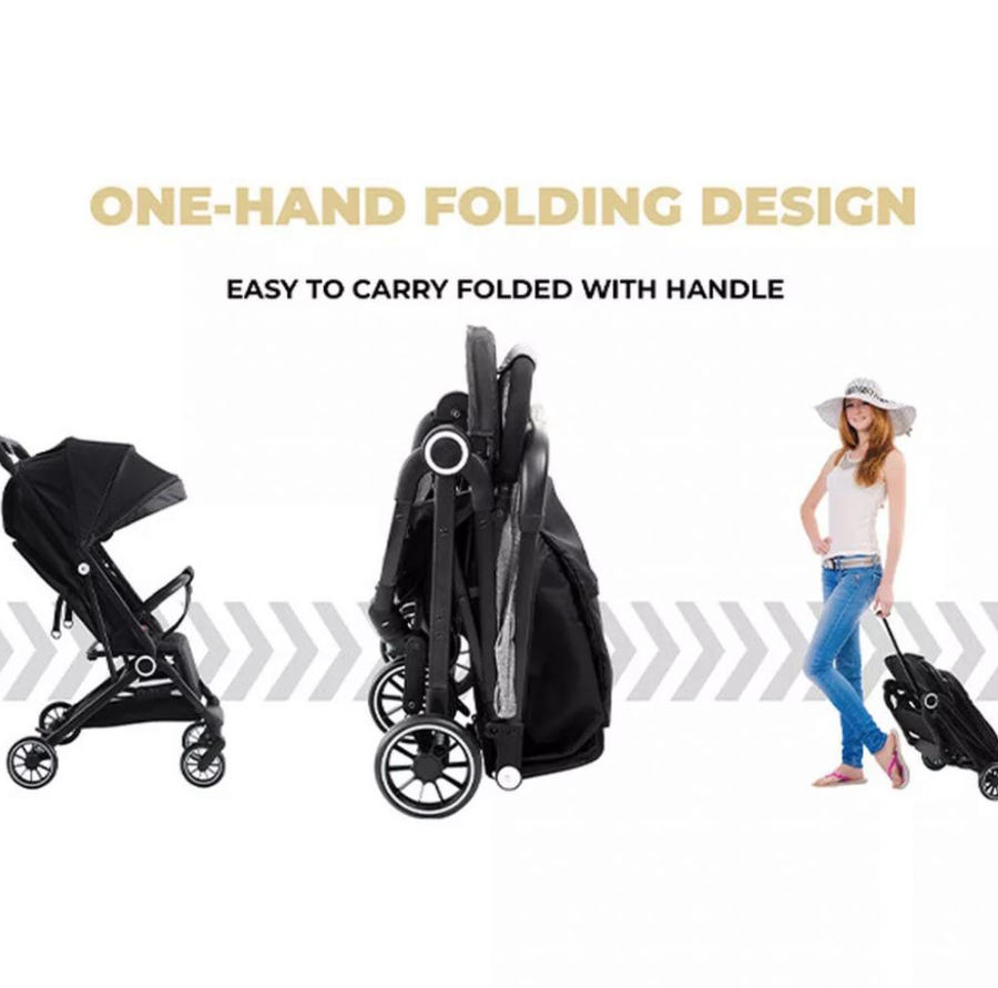 Poussette - Pliable d'une seule main - De la naissance à 15 kg - Grand pare-soleil - Noir