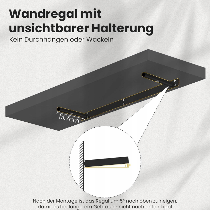Esituro Étagère murale suspendue noire 80 x 23 x 3,8 cm - Étagère flottante moderne