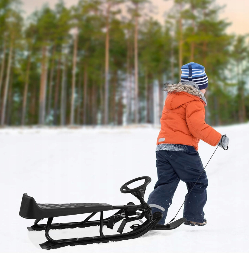 Luge enfant Woltu avec guidon et frein - 119x38x50.5 cm - noir - châssis métal jusqu'à 90 kg