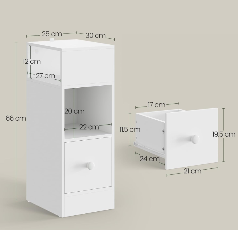 Eugad Narrow Nightstand blanc 25 x 66 x 30 cm - design moderne avec tiroir et étagères ouvertes