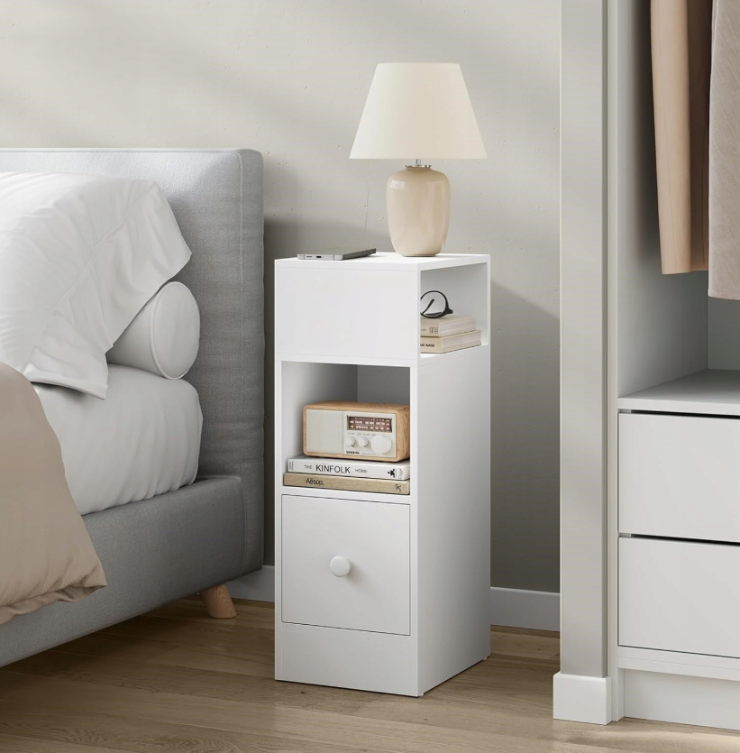 Eugad Narrow Nightstand blanc 25 x 66 x 30 cm - design moderne avec tiroir et étagères ouvertes