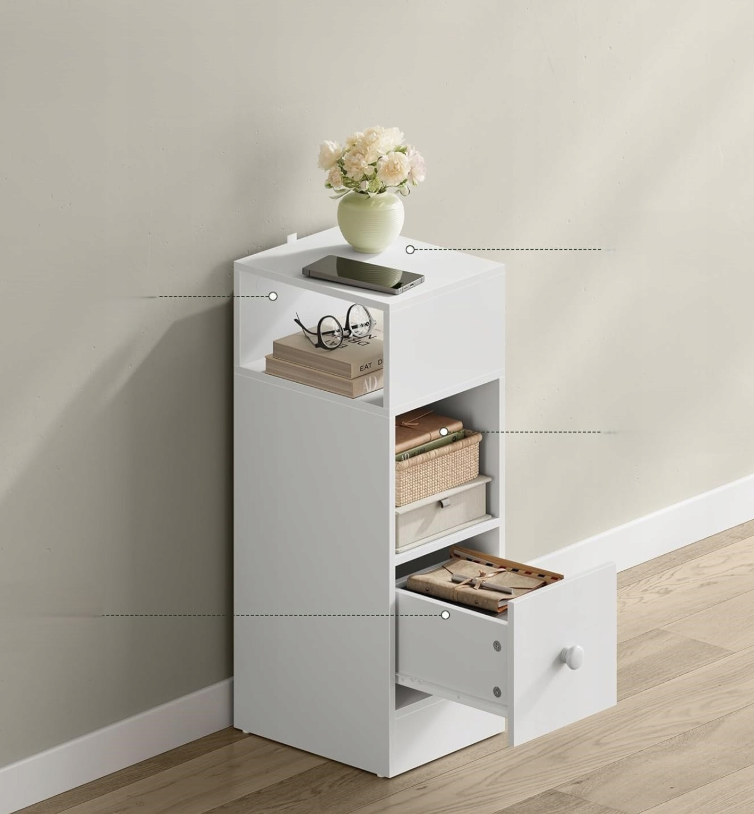 Eugad Narrow Nightstand blanc 25 x 66 x 30 cm - design moderne avec tiroir et étagères ouvertes
