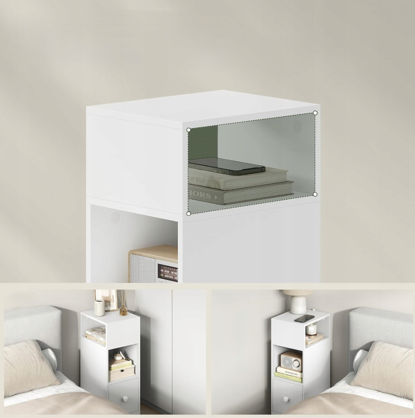 Eugad Narrow Nightstand blanc 25 x 66 x 30 cm - design moderne avec tiroir et étagères ouvertes