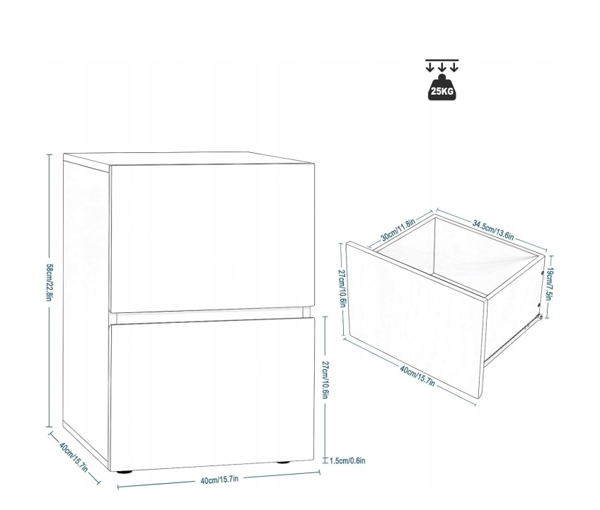 Eugad Table de chevet / Table d'appoint - 40 x 40 x 58 cm - Blanc - Moderne avec 2 tiroirs