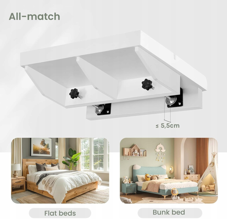 Table de nuit Voltu avec guide-câbles et support pour téléphone - Blanc - 33x8x25 cm
